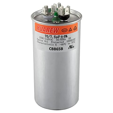 HUAREW 70+7.5 uF ±6% 70/7.5 MFD 370/440 VAC CBB65 Dual Run Start Round Capacitor for Condenser Straight Cool or Heat Pump Air Conditioner or AC Motor and Fan Starting Cover