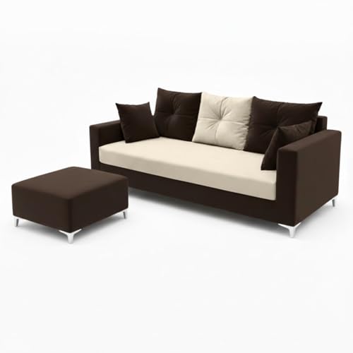 Image of Zora 4 Seater L Shape Sofa Set with Movable Ottomans | Flexible Layout | Rich Velvet Suede Fabric | Silver Legs | Spacious Seating | Modern Sofa for Living Room (Dark Brown-Cream)