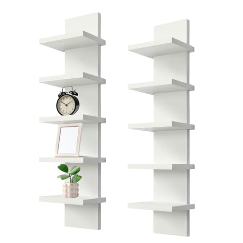 Image of 2 Pack 5 Tier Wall Shelf Unit - Narrow Smooth Laminate Finish - Vertical Column Wall Decor Mount Floating Storage Home Decor Organizer Tall Tower Utility Shelf for Bedrooms, Living Rooms(White)