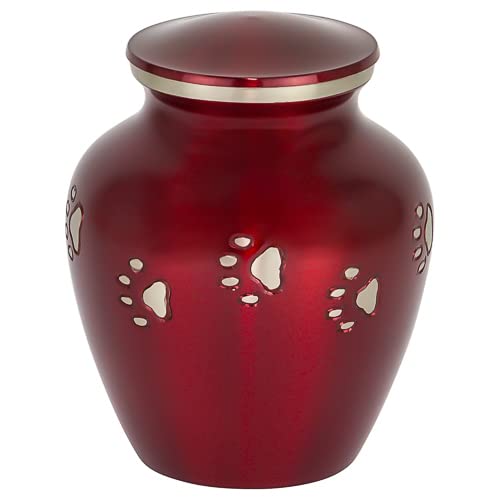 Dark Red with Silver Paw Prints Small Pet Cremation Urn for Ashes, Brass, Red Pet Urn, Dog Urn, Cat Urn, Small Sized Pet Urn, 4.25 Inches High