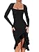 BORIFLORS Women's Sexy Ruched Bodycon Midi Dresses Elegant Mesh Long Sleeve Square Neck Ruffle Hem Cocktail Party Dress, Medium, Black