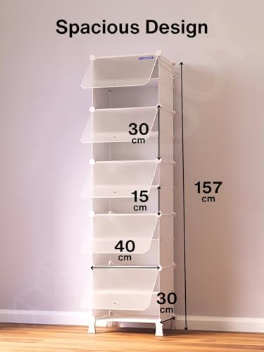 Image of BOXJOY 10 Shelf Shoe Rack with 5 Doors, 5 Hook Steel Holder & Wooden Hammer for Home Storage PP Plastic Organizer with Metal Door Frame to Cover Chappal Slipper Sandals Shoes Box Stand (White)