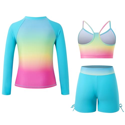 Image of Funnycokid Girls Swimsuit 3 Pieces Long Sleeve Rash Guard Zip Bathing Suits Teens Boyshort 3-14 Years