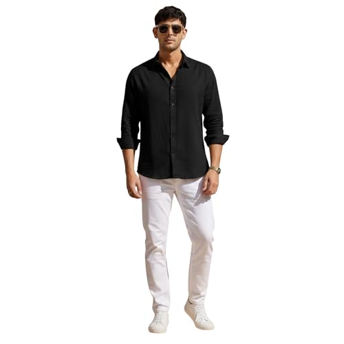 Image of Men's Linen Cotton Casual Shirt | Regular Fit Plain Shirt for Men | Long Sleeve Shirt for Casual & Formal Wear