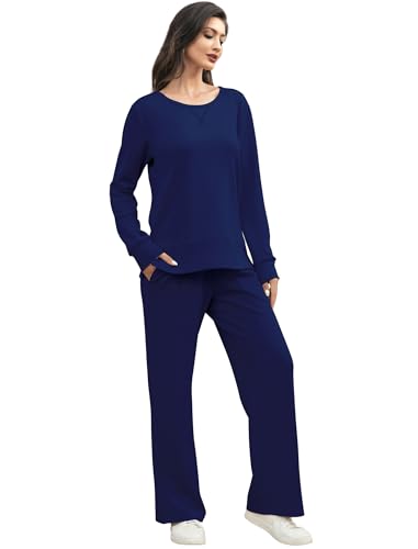 EYZH Women's 2-Piece Lounge Set,Travel Outfits - Long Sleeve Crewneck & Wide-Leg Pants Tracksuits, Side Slit Fall Loungewear4