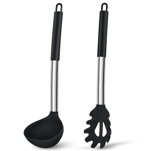 Joyfair Juego de cucharón de sopa y cuchara de espagueti, cucharón de silicona de 2 piezas y cucharas de pasta con mango de acero inoxidable para cocinar, remover, servir, escurrir, saludable y