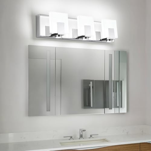 Image of SOLFART Bathroom Vanity Lights Over Mirror 3 Lights Modern Chrome Bath Light Fixtures Stainless Steel Acrylic Shade