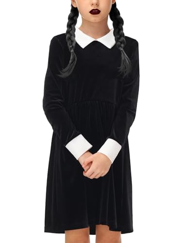 AOBUTE Girls Halloween Black Dress Long Sleeve Peter Pan Collar Twirly Dress