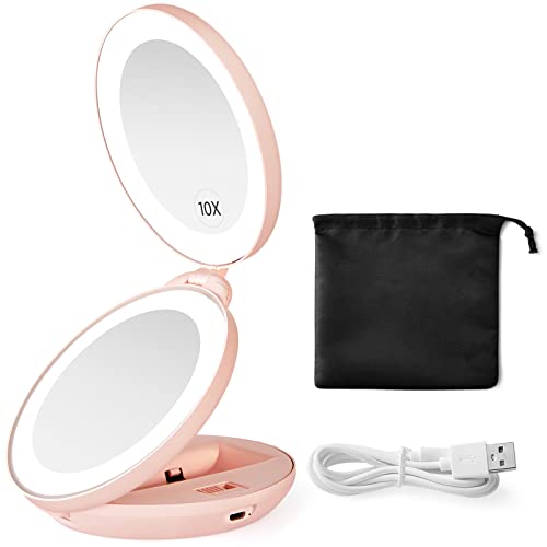 KEDSUM Upgraded Rechargeable LED Lighted Travel Magnifying Mirror, 1X/10X Magnification Compact
