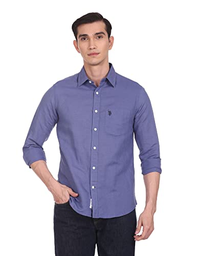 Image of U.S. Polo ASSN. Men's Solid Cotton Linen Tailored Fit Spread Collar Casual Shirt
