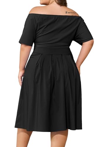 Image of Womens Plus Size Summer Dresses Off Shoulder Short Sleeve A-Line Wedding Guest Swing Waist Midi Dress with Pockets