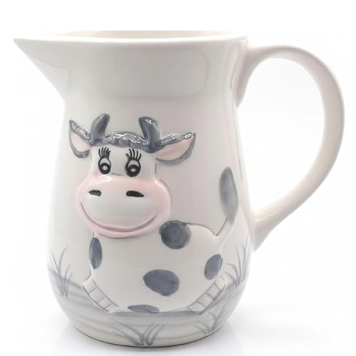 Jarra Lechera de Cerámica 725 ml con Diseño de Vaca, Pico Antigoteo, Apta para Lavavajillas, Brillante y Resistente, Jarrita de Leche con Relieve