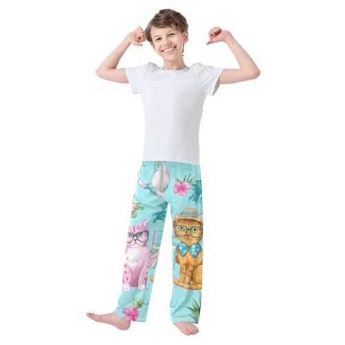 Tropical Cat Flowers Boys Long Pants Soft Trousers Elastic Waist Kids Lounge Bottoms with Pockets S-XL3