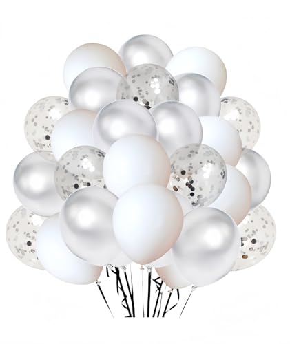 Image of 300 Pack White and Silver Balloons 12 Inch Silver Confetti Balloon for Various Party Events Decorations