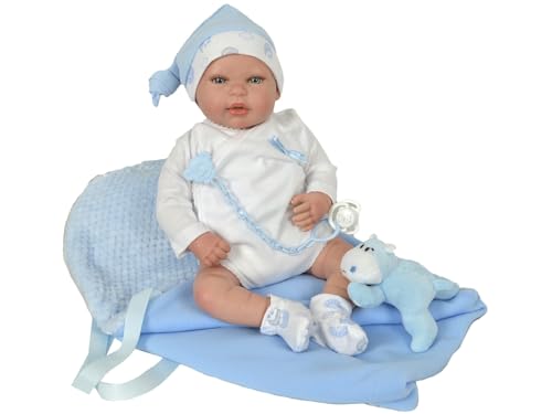 ARIAS - Bambola Reborn Joel, 45 cm, con coperta, bambino realistico con vestiti bianchi, ciuccio e ciuccio, punte in vinile e corpo morbido, giocattolo per bambini e ragazze +3 anni (ARI98021)