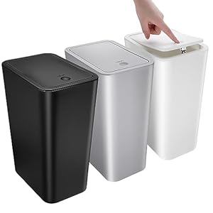 3 Pack Small Bathroom Trash Can with Lid – 10L/2.6 Gallon Slim Garbage Bin, Dog Proof Trashcan, Plastic Wastebasket for Kitchen/Bedroom/Office/Dorm, Fits Under Sink/Desk/Cabinet (Black&White&Grey)