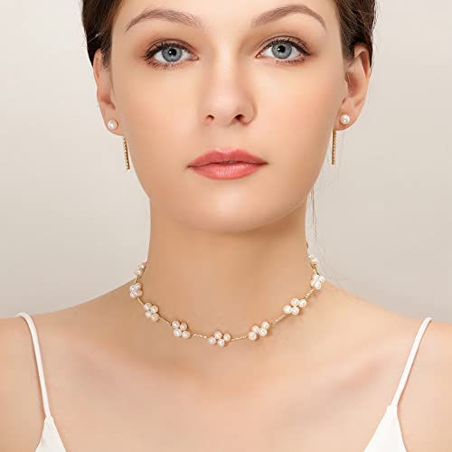 Ddaffodil Pearl Choker Necklace Strands,14K Gold Plated Dainty Beaded Choker Necklace For Women Girls, Natural Freshwater Pearl Necklace Fashion Jewelry Gift (Collarbone Chain Necklace), 16.86'' #TOP4