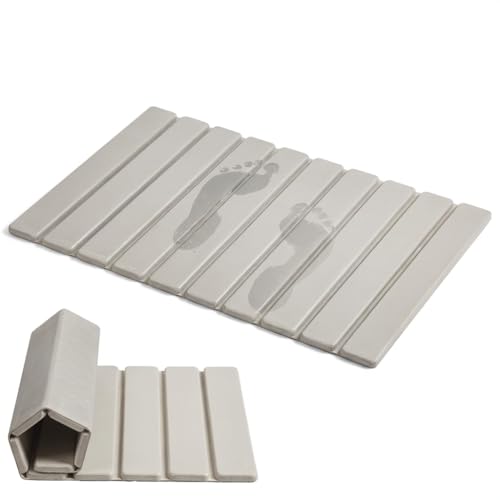 Image of AWW Foldable Stone Bath Mat, Super Absorbent Diatomite, Non-Slip Quick Drying Mat, Compact, 23.6 x 15.5 Inch, Beige