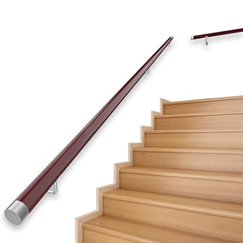 KUZRZNH 階段の手すり 30-600cm てすりセット 手すりの廊下サポートロッド 滑り止め ステンレス鋼マウント付 丸型め木製階段レール 子供高齢者の安全用強力な耐荷重 赤160cm