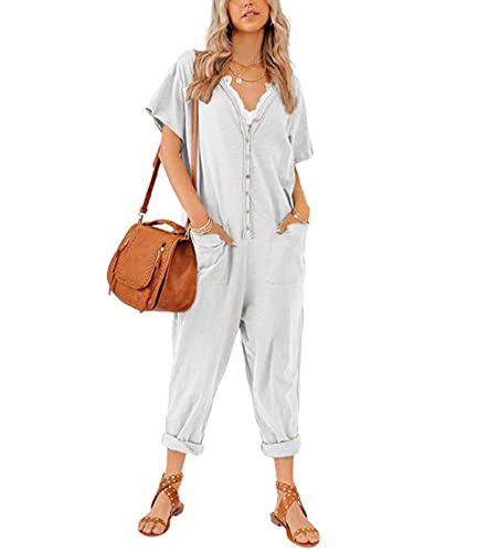 Aoysky Oversize Women's One Piece Button Up Jumpsuit Casual Loose Short Sleeve V Neck Onesies Rompers With Pockets #TOP19