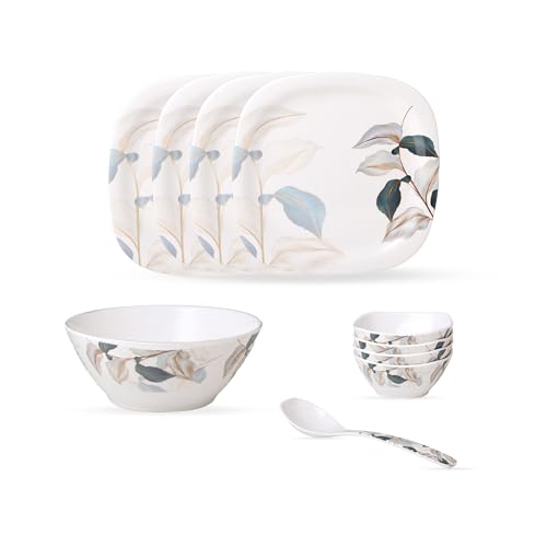 Image of Golden Fish 10 Pcs Dining Set with Serving Bowl & Spoon | 4 Full Plates, 4 Veg Bowls, 1 Donga & 1 Serving Spoon | Clean Table Setup Dinnerware for Home Use, Daily Meals & Gifting