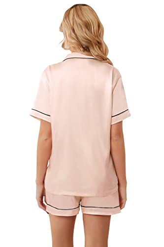 Image of Umeyda Women & Girls Pajamas Set, 2 Piece PJS Satin Silk Sleepwear Button-Down Top with Shorts for Mom Kids Gifts