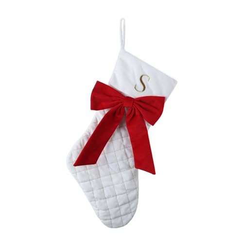 Personalized White Christmas Stockings with Initials, 20 Inch Large Xmas Stocking with Gold Embroidered and Red Bow, Hanging Stocking Decorations for Christmas Tree Fireplace Holiday Party (S)
