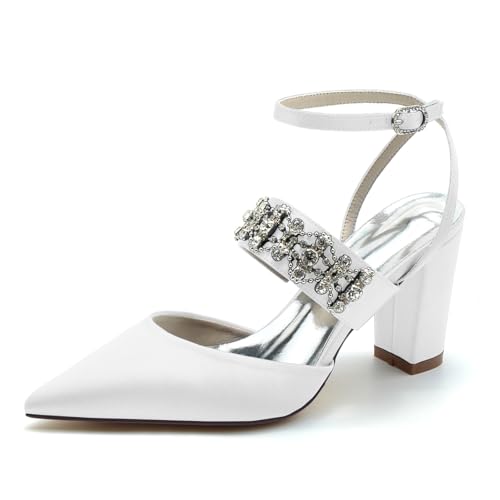 Chaussures de mariée en satin avec talons block de 8.5cm et strass pour fête