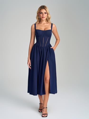 Image of KUTUMAI Floral Corset Midi Dress Flowy Slit Summer Spring Wedding Guest Dresses for Women Sundress with Pockets