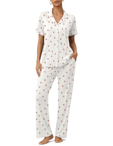 Image of Womens Pajamas Sets 2 Piece Button Up Pj Sets Short Sleeve with Long Pant