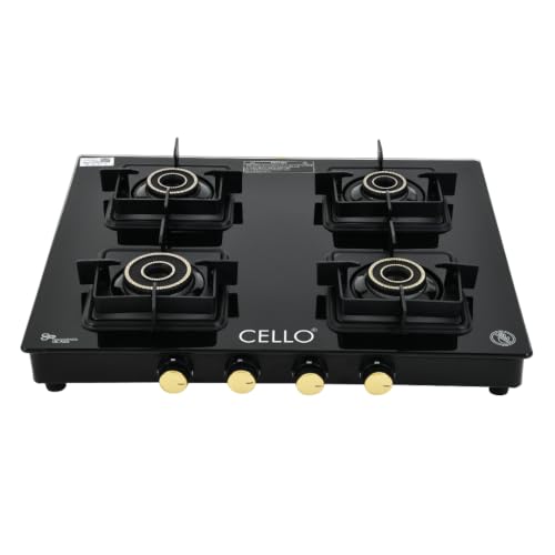 Image of Cello PEARL PLUS GT 4 Burner Gas Stove - Flower Design Brass Burners, 6mm Toughened Glass, Heavy-Duty Brass Valves, Flame Guard Pan Supports