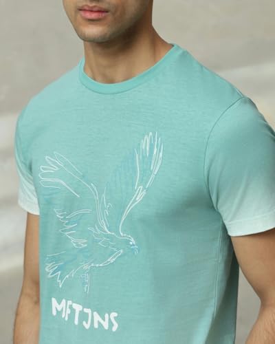 Image of MUFTI Turquoise Graphic Crew Neck T-Shirt