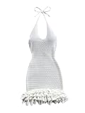 GORGLITTER Women's Crochet Halter Bubble Mini Dress Bow Backless Summer Bodycon Knit Dress Vacation Festival Outfits White Small