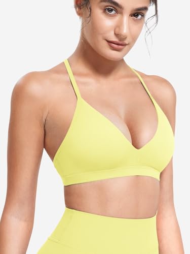 Image of YEOREO CoreFlex Sports Bras for Women Strappy Padded Halter Open Back Light Impact Deep V Neck Yoga Workout Gym Tops