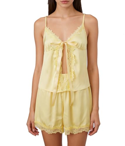 Image of ROAONOCOMO Women Lace Trim Pj Shorts Set Square Neck Coquette Tank Top Silk Satin Pajama Set Babydoll 2 Piece Shorts Outfit
