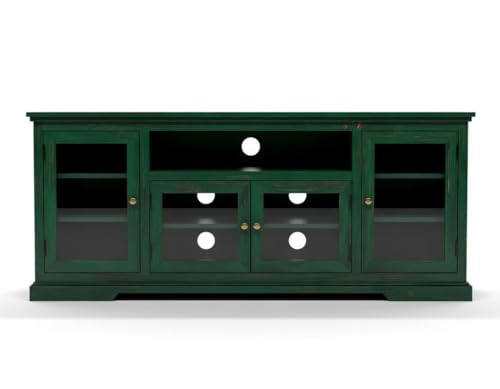 Image of Sheesham Solid Wood TV Cabinet for Living Room | Handcrafted Wooden TV Unit with Storage | Elegant Entertainment Stand for Modern Homes (Glass Tv Cabinet, Rustid Green)