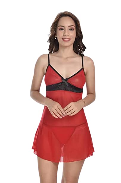 Image of Women's Blended Solid Midi Babydoll Honeymoon Nightwear Sexy Dress