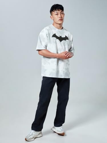 Image of The Souled Store Men Official Batman: Bat Signal Tie Dye Grey Printed Oversized T-Shirts
