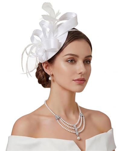 Zando Ken-Tucky Derby Hats for Women 2026 White Fascinator Headband Ribbons Feathers Tea Party Hat Headpiece Wedding Church Cocktail 20s 50s Headpiece