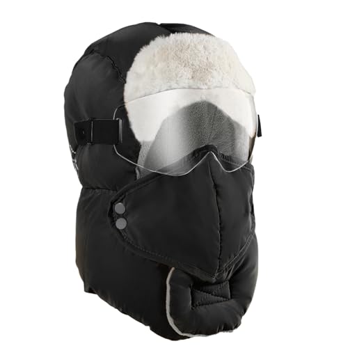 Winter Trapper Hat for Men - Windproof & Waterproof Hat with Removable Mask Goggles Ear Flaps, Black
