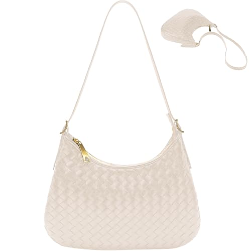 Shoulder Handbags for Women Crossbody Woven Leather Tote Shoulder Bag Purse Hobo Lightweight With Zipper Adjustable Strap (Off white)