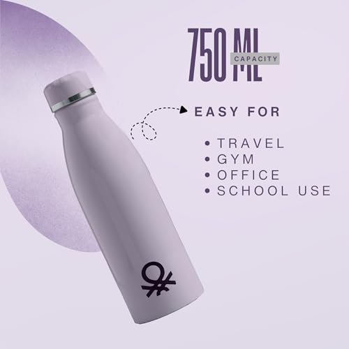 Image of United Colors of Benetton 750 ml Stainless Steel Water Bottle, Single Wall, Lightweight, Durable, Leak-Proof Cap, BPA-Free, Rust Resistant, Easy to Clean, Travel /Gym /Office /School Use (Lavendar)