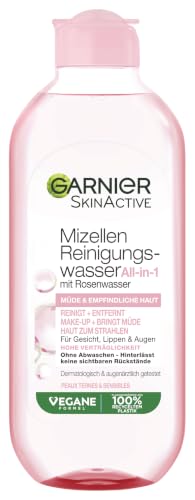 Garnier All-in-1 Mizellen Reinigungswasser mit Rosenwasser für einen besonderen Glow Make up Entferner und Gesichtsreinigung für empfindliche Haut Skin Active 1 x 400 ml