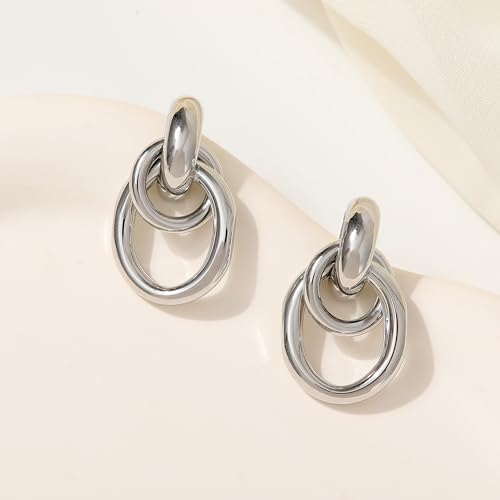 Image of SHERLOVE Trendy Silver Geometric Link Earrings for Women Chunky Statement Drop Dangle Earrings Lightweight Hypoallergenic Fashion Silver Jewelry