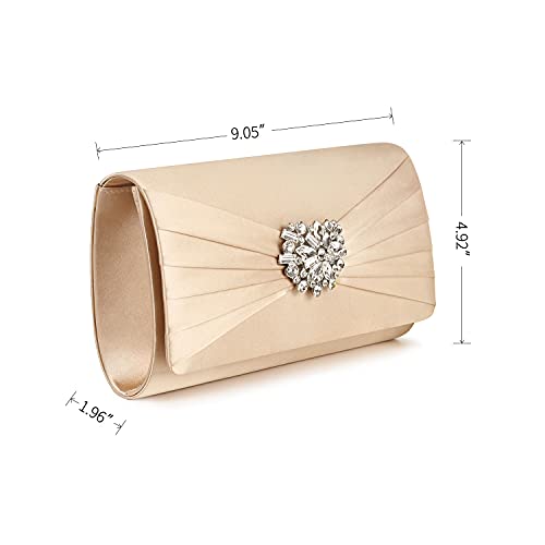 Image of Evening Bags For Women Pleated Satin Rhinestone Brooch Prom Clutch Purse With Detachable Chain Strap