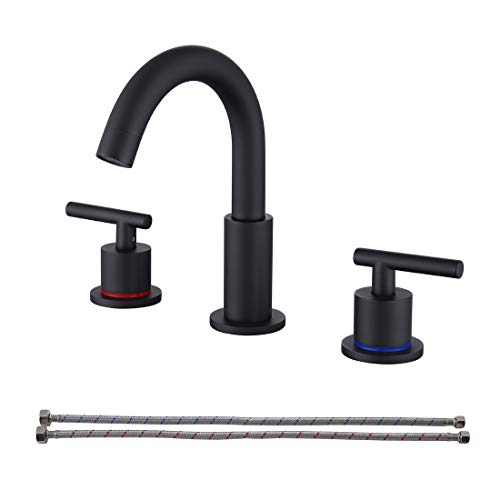 Hongaoer Widespread Bathroom Faucets Matte Black,8 Inch 2-Handle 3 Hole Bathroom Sink Lavatory Vanity Faucets with Supply Line