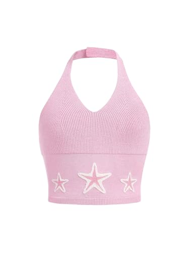 SHENHE Girl's Halter Top Star Print Backless V Neck Slim Knit Crop Top Y2k Camisole