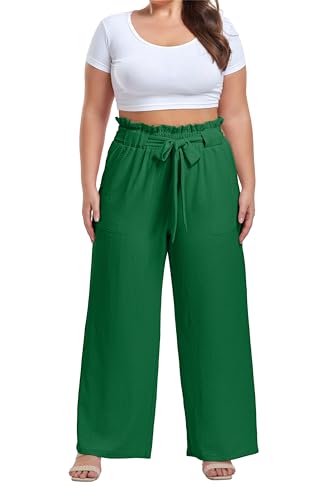 Image of OLRIK Women's Plus Size Pants Adjustable High Waisted Wide Leg Palazzo Pants Casual Trousers with Pockets Spring Clothes
