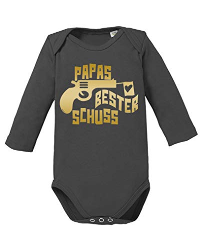 Comedy Shirts - Papas Bester Schuss - Baby Langarm Body - Dunkelgrau/Gold Gr. 62 Cover