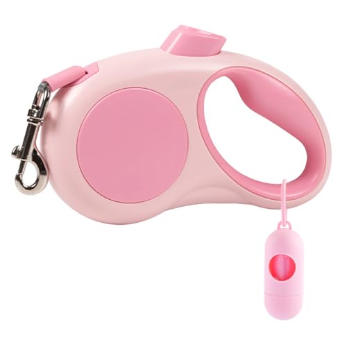 Masroo Retractable Dog Leash for Small Breed up 5m Pet Walking Leash with Dispenser and Poop Bags Anti-Slip Handle Strong Nylon Tape One-Handed Brake (Pink)
